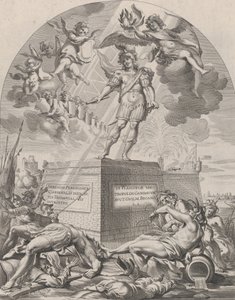 1. tábla: Ferdinánd mint Mars, talapzaton állva, Guillielmus Becanus Serenissim... című művéből, 1636