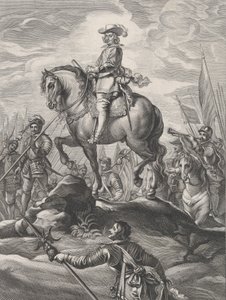 8. tábla: Ferdinánd lóháton átkel az Alpokon, Guillielmus Becanus Serenissimi... című művéből, 1636.
