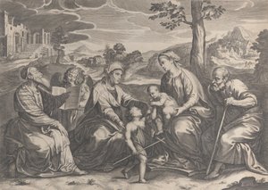 Jobb oldalon a Szent Család, Keresztelő Szent János csecsemővel, Erzsébettel, Zakariásszal,..., 1631-37.