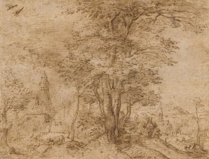 Egy falu egy facsoporttal és egy öszvérrel, 1552-54 körül alkotó: Pieter Bruegel the Elder