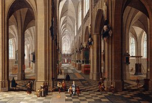 Egy gótikus katedrális belseje városi emberekkel és malacokkal, 1647