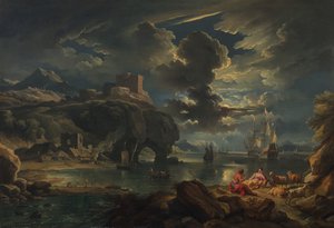 A Mediterranean moonlit coastal landscape, c.1700-01 (oil on canvas)