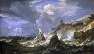 Hajótörés a viharban, sziklás partvidék közelében. Olaj, vászon, 17. század közepe, készítette Pieter Mulier II. az ifjabb (vagy Pietro Mulieribus vagy Pietro Cavaliere Tempesta) (1637-1701). alkotó: Pieter the Younger (1637-1701) Mulier