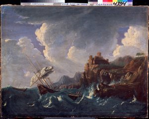 Viharos tenger. Viharos tenger. Fiatalabb Pieter Mulier (vagy Pietro Mulieribus vagy Pietro Cavaliere Tempesta) festménye (1637-1701). Holland művészet, barokk stílus. Olajfestmény. Állami Történeti és Művészeti Múzeum, Serpukhov (Serpukhov).