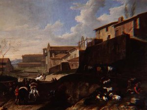 Capriccio kilátás templomokkal, házikókkal és utazókkal (olaj)
