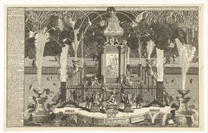 Tűzijáték az utrechti béke tiszteletére, 1713 Holland béketűzijáték, amelyet Hollandia Noble Groot Mogende Heeren államai és Nyugat-Frízföld állítottak fel, a folyóba lőttek Hágába (...) (cím a tárgyon) alkotó: Pieter van Buysen jr.