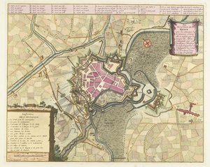 Kaart van het beleg van Menen, 1706 Menin város terve a szövetségesek csapatainak (...) támadásaival (...). (cím a tárgyon) alkotó: Pieter van Call (II)