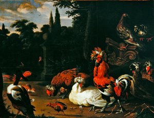 Kakas, csirkék, csibék és kacsák kerti környezetben (olaj, vászon) alkotó: Pieter van Mase