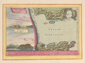 Kilátás a Gibraltári sziklára és a Gibraltári-szoros térképére A szoros, vagy két Duytsche mylen szorosa Spanyolország és Afrika között (...) (cím az objektumon) Theatrum Hispaniae (...) (sorozat címe)