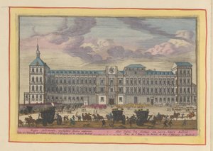 A madridi királyi palota elölnézete A királyi palota elölről, Madrid belsejében (cím az objektumon) Theatrum Hispaniae (...) (sorozat címe) alkotó: Pieter van den Berge