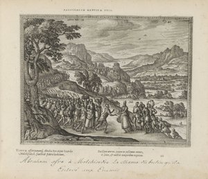 Ábrahám találkozott Melkisédekkel A békés elmék egyesülése (cím a tárgyon) A szent jelképek és mindkét testamentum főbb története (Oude Testament) (sorozat címe) Könyvek képei és figurái (sorozat címe) alkotó: Pieter van der Borcht (I)