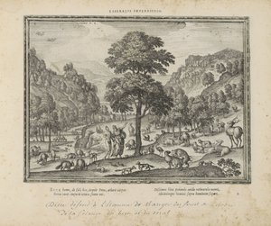 Isten megmutatta Ádámnak het paradijs Liberális tilalom (cím a tárgyon) A szent jelképek és mindkét testamentum főbb története (Oude Testament) (sorozat címe) Könyvek képei és figurái (sorozat címe) alkotó: Pieter van der Borcht (I)