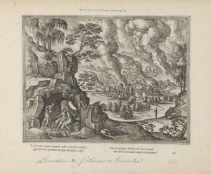 Vernietiging van Sodom en Gomorrah / Lot en zijn dochters Az igazság örök emlékműve (cím a tárgyon) A szent jelképek és mindkét testamentum főbb története (Oude Testament) (sorozat címe) Könyvek képei és figurái (sorozat címe) alkotó: Pieter van der Borcht (I)