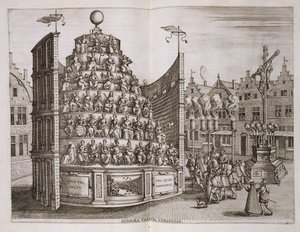 Mozgatható színházat ábrázoló illusztráció Johannes Bochius "Historica narratio profectionis et inaugurationis..." című művéből, Plantin Press, 1602.