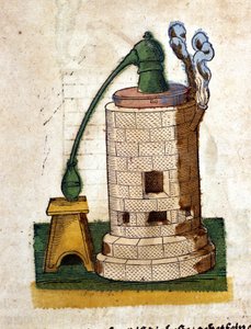 Alkímia: Desztilláló készülék. Metszet Pietro Andrea Mattioli (Matthiole) (1500-1577) könyvéből. Frankfurt