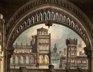 A „La Straniera” szcenográfiája, Vincenzo Bellini, a torinói Carignano színházban (toll, tinta és akvarell papíron) alkotó: Pietro Bertoja