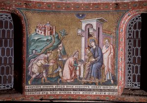 Pietro Cavallini apszisának mozaikmágusainak imádása (1273-1330 körül tevékenykedett) 13. század vége (Mágusok imádása, Pietro Cavallini apszisának mozaikja, 13. század vége) Róma, Santa Maria in Trastevere Olaszország