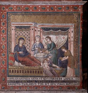 Mária-mozaik születése Pietro Cavallini apszisából (aktív 1273-1330 körül) 13. század vége (Mária születése, mozaik Pietro Cavallini apszisáról, 13. század vége) Róma, Santa Maria templom Trastevere Olaszországban