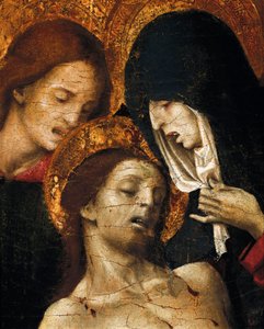 Leszállás a keresztről (Deposizione), Szent János, Szűz Mária és Krisztus részlete, 16. század eleje (tempera a táblán) alkotó: Pietro Cavaro