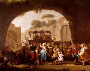Táncos jelenet és népszerű buli Nápolyban. Tarantella táncosok (tarantella, tarantella). Pietro Fabris festménye (aktív 1763 és 1776 között) 18. századi Nápoly, Museo Nazionale di San Martino