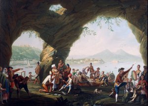 Mindennapi élet jelenetei egy barlangban a nápolyi Posillipo-ban, Pietro Fabris (olaj, vászon) alkotó: Pietro Fabris