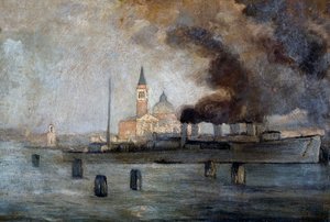 Velencei Szent Justus templom, Pietro Fragiacomo (1856-1922), olajtábla, 39x58 cm