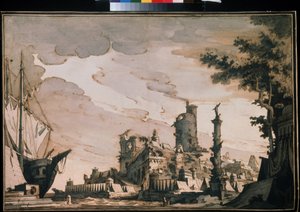 ""Kikötő kilátása"" Színházi dekoráció. Pietro di Gottardo Gonzaga (1751-1831) akvarellje 1818. Akvarell és tus papíron. Moszkva, Puskin Múzeum