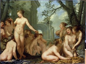 Diana és Callisto (Diana és Callisto). Görög mitológia: Diana felfedezi Zeusz várandós Callisto nimfájának terhességét. Pietro Liberi (1614-1687) festménye. Barokk művészet. Olajfestmény. Szentpétervári Ermitázs Múzeum