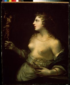 ""Uránia"" (Uránia) a csillagászat és asztrológia védelmező Múzsájának ábrázolása, kezet egy gömbön tartva. Pietro Liberi (1614-1687) festménye 17. századi Mihail Krosickij Művészeti Múzeum, Szevasztopol (Szevasztopol) Ukrajna