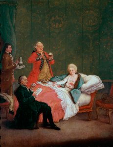 Reggeli csokoládé fiatal nő a nemesség ágyában fekszik, három férfi szolgálja ki. Pietro Longhi (1702-1785) festménye 1775-1780. Homályos. 60x47 cm Ca 