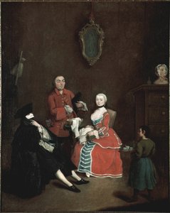 A maszk látogatás Bauta (bautta) karakter vetu a velencei viselet áll a fekete köpeny, a fekete trikornis kalap és a fehér maszk - (Látogatás Bauta maszk) Festmény Pietro Longhi (1702-1785) 1760 kb. Dim 62x50 cm Velence, Ca 