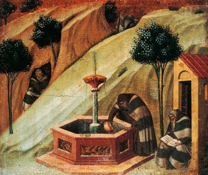 A karmelita Illés próféta forrásából, Pietro Lorenzetti (kb. 1280-1348) Carmine oltárképének részlete, tempera és arany falapon. alkotó: Pietro Lorenzetti