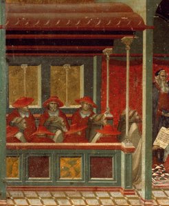 Honorius III jóváhagyja a karmelita szabályt, részlet Pietro Lorenzetti (kb. 1280-1348) Carmine oltárképének predellájából, tempera és arany fatáblán