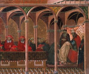 Honorius III jóváhagyja a karmelita szabályt, részlet Pietro Lorenzetti (kb. 1280-1348) Carmine oltárképének predellájából, tempera és arany fatáblán alkotó: Pietro Lorenzetti