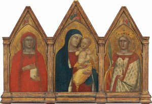 Madonna és gyermeke az áldásos Krisztussal, valamint Szent Mária Magdolna és Alexandriai Katalin angyalokkal [teljes triptichon] alkotó: Pietro Lorenzetti