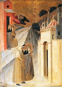 Szent János megparancsolja a boldogoknak, hogy építsenek kolostort Firenzében, Pietro Lorenzetti (kb. 1280-1348) Áldott alázat oltárképén csempe, fatáblán tempera és arany. alkotó: Pietro Lorenzetti