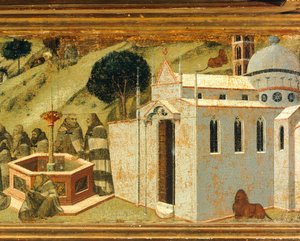 Az első karmelita remeték az Illés-forrásnál, részlet Carmine oltárképének predellájából, Pietro Lorenzetti (kb. 1280-1348), tempera és arany fán, Pinacoteca Nazionale, Siena alkotó: Pietro Lorenzetti
