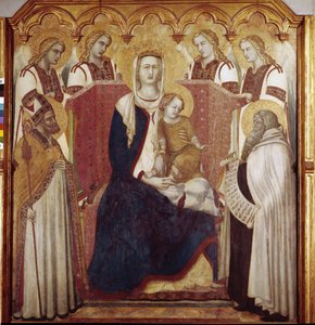 Szűz és gyermek Szent Miklós és Szent Illés között. Központi panel, Kármel oltárképe (Tempera fán alkotó: Pietro Lorenzetti