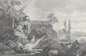 Ádám és Éva bal oldalon idős házaspárként gyászolják Ábel holttestét, aki i..., 1743-63.