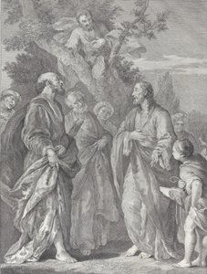 Zákeus megtérése, Krisztus jobb oldalán a vámszedőhöz fordul, aki székhelye..., 1730-39.