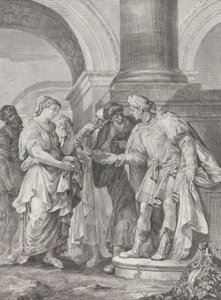 Daniel vitatkozik a vénekkel, míg Susanna balra áll, 1732-50. alkotó: Pietro Monaco