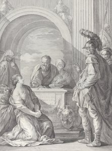 Jefte lánya az áldozati oltárnál térdelve, apjával a jobb oldalon áll..., 1730-50. alkotó: Pietro Monaco