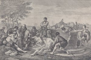 Józsefet rabszolgaságba adják testvérei, akik egy kút körül ülnek, amely szétosztja a..., 1730-39.