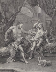 Sámson és Delila egy ágyon ültek, Sámson széttépte a köteleket, amelyek a kezét kötötték..., kb. 1730-39. alkotó: Pietro Monaco
