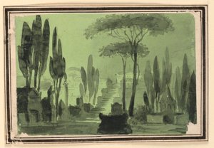 Színpadtervezés, lépcsők sírok között alkotó: Pietro Narducci