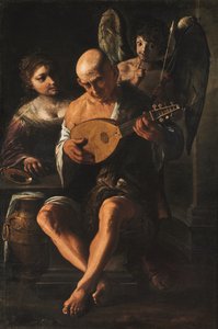 Idős férfi gitározik egy nő és egy puttó társaságában (olaj, vászon)