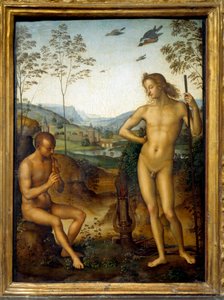 Apollo és Marsyas „” Marsyas fuvolán játszik Apollón, a líra királya előtt, kihívással. Pietro Vannucci festménye dit Il Perugino (Le Perugin) (1450-1523) V. 0,39x0,29 m alkotó: Pietro Perugino