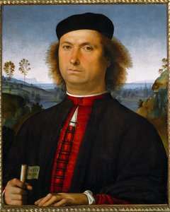 Francesco delle Operere portréja. Egy tekercset tart a kezében, rajta a „Timete deum” (Féld Istent) felirattal. alkotó: Pietro Perugino