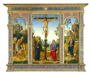 A keresztre feszítés a Szűzzel, Szent Jánossal, Szent Jeromossal és Szent Mária Magdolnával, 1482-1485 körül (vászonra átvitt olaj, tábla) alkotó: Pietro Perugino