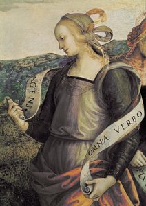 Az erithrai szibilla. Részlet: Az örök atya körülveszi a prófétákat és a szibillákat (Fresco alkotó: Pietro Perugino